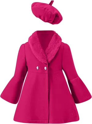 Kids Girls Fall Winter Dress Coat Long Sleeve Solid Color Wool Collar Trench Coat Warm (Hot Pink, 5-6 Years)