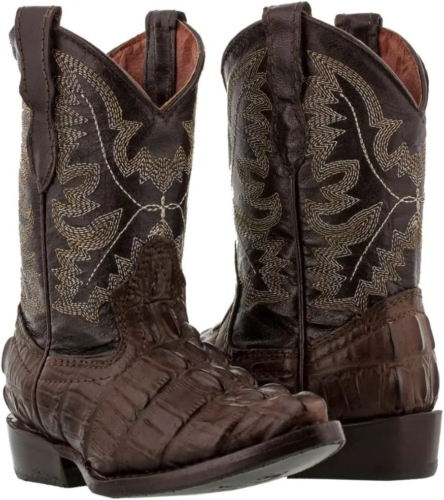Kids Toddler Brown Crocodile Tail Leather Cowboy Boots J Toe