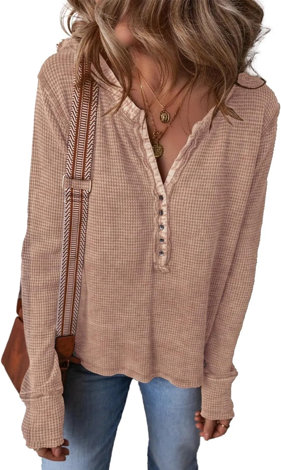 KINLONSAIR Womens Long Sleeve Patchwork Henley Shirts Casual Button Front Waffle Knit Tunic Top Solid Color Loose Fall Shirts