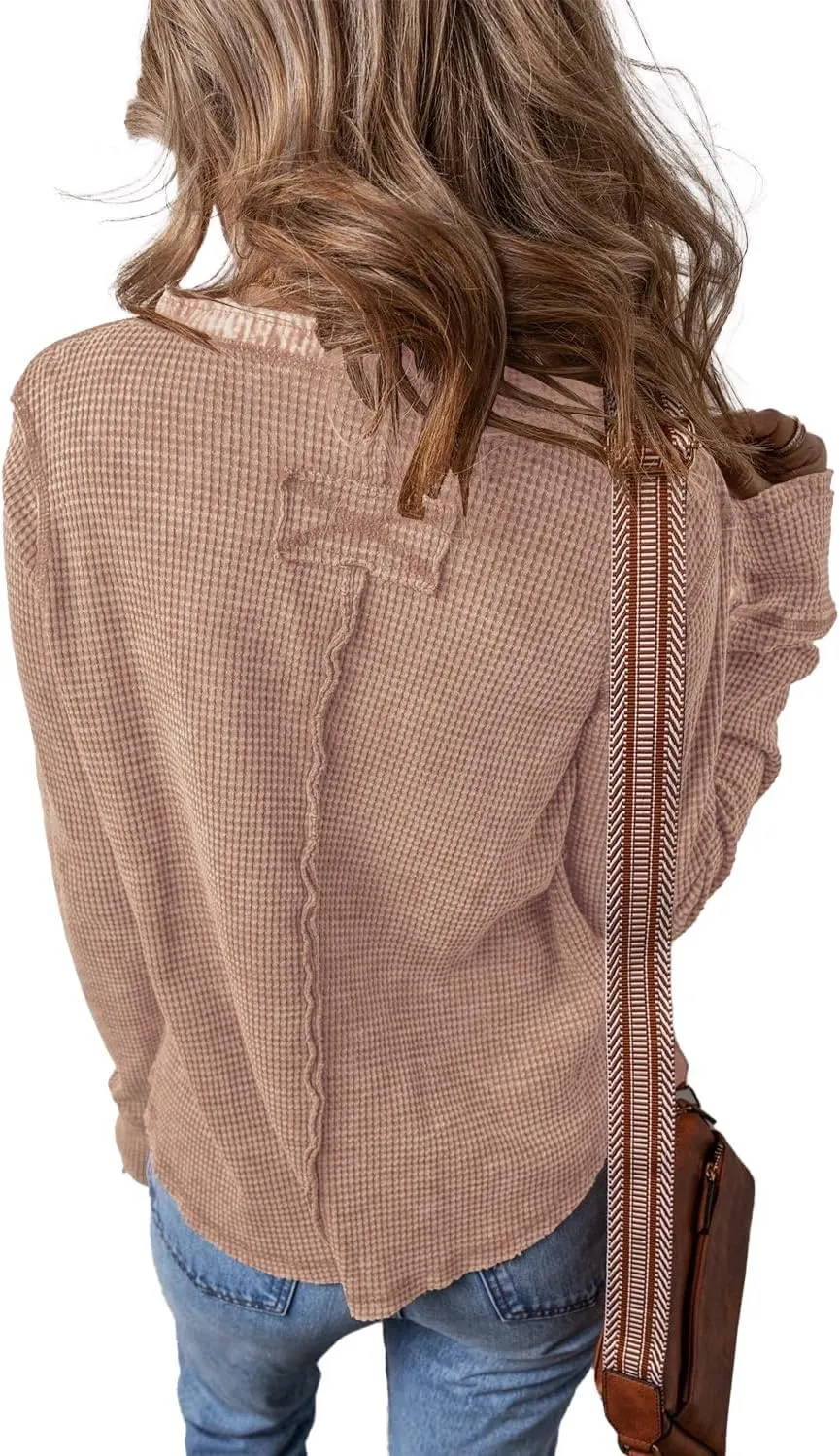 KINLONSAIR Womens Long Sleeve Patchwork Henley Shirts Casual Button Front Waffle Knit Tunic Top Solid Color Loose Fall Shirts