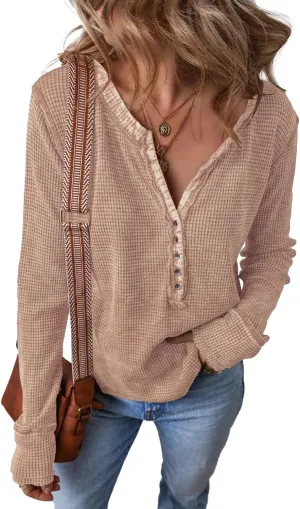 KINLONSAIR Womens Long Sleeve Patchwork Henley Shirts Casual Button Front Waffle Knit Tunic Top Solid Color Loose Fall Shirts