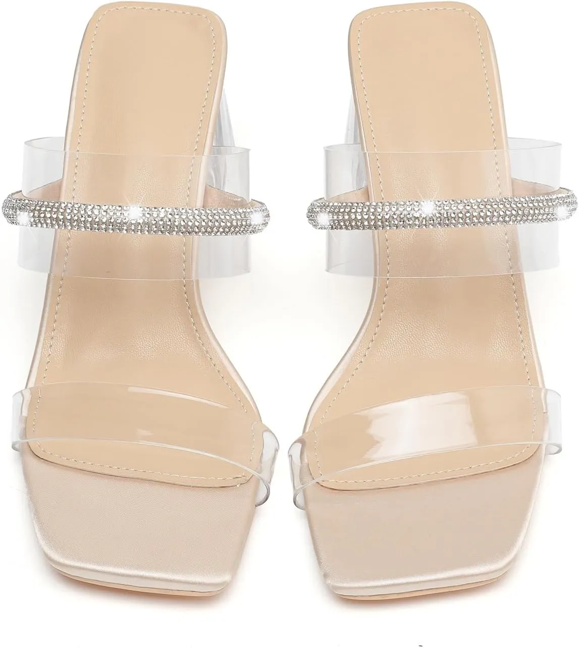 kkdom Square Toe Chunky Clear Heels Sandals Transparent Two Sparkle Rhinestone Strap Mule Shoes Slip On Block Heels for Party Dating Daily Work
