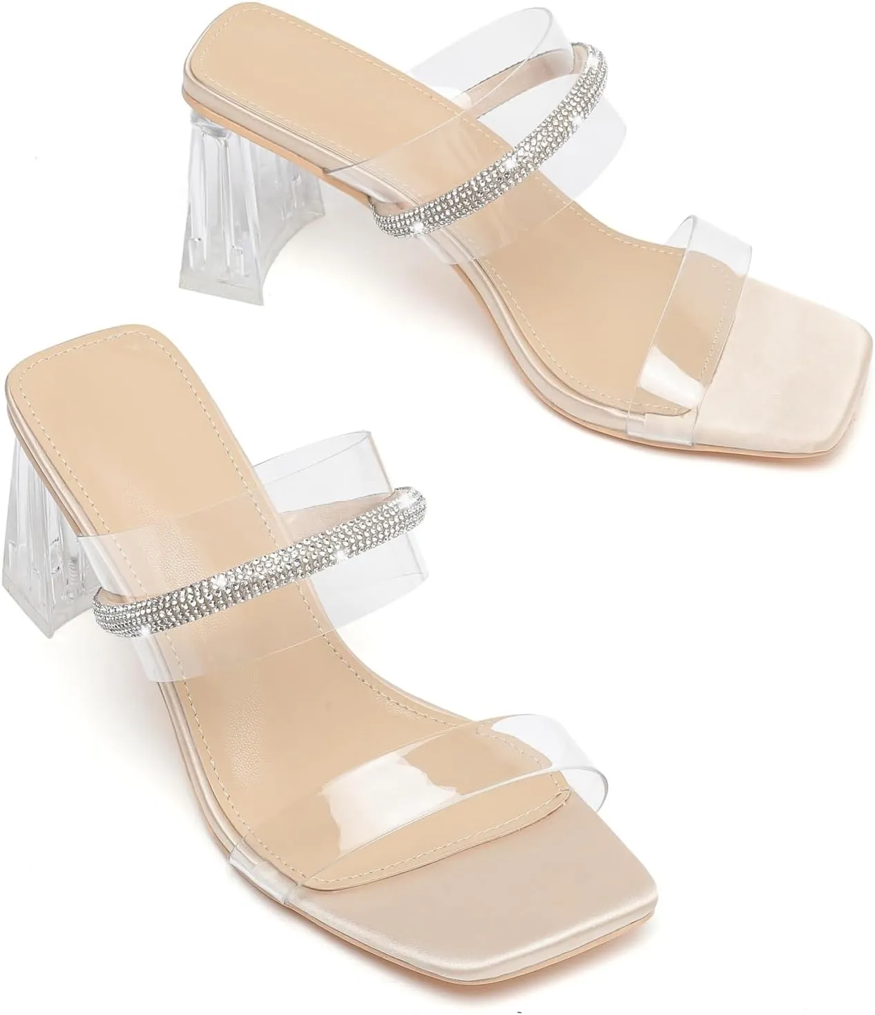 kkdom Square Toe Chunky Clear Heels Sandals Transparent Two Sparkle Rhinestone Strap Mule Shoes Slip On Block Heels for Party Dating Daily Work