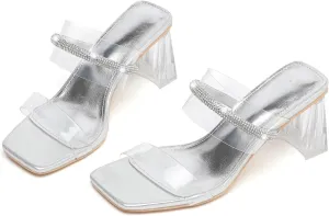 kkdom Square Toe Chunky Clear Heels Sandals Transparent Two Sparkle Rhinestone Strap Mule Shoes Slip On Block Heels for Party Dating Daily Work
