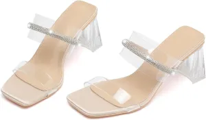 kkdom Square Toe Chunky Clear Heels Sandals Transparent Two Sparkle Rhinestone Strap Mule Shoes Slip On Block Heels for Party Dating Daily Work