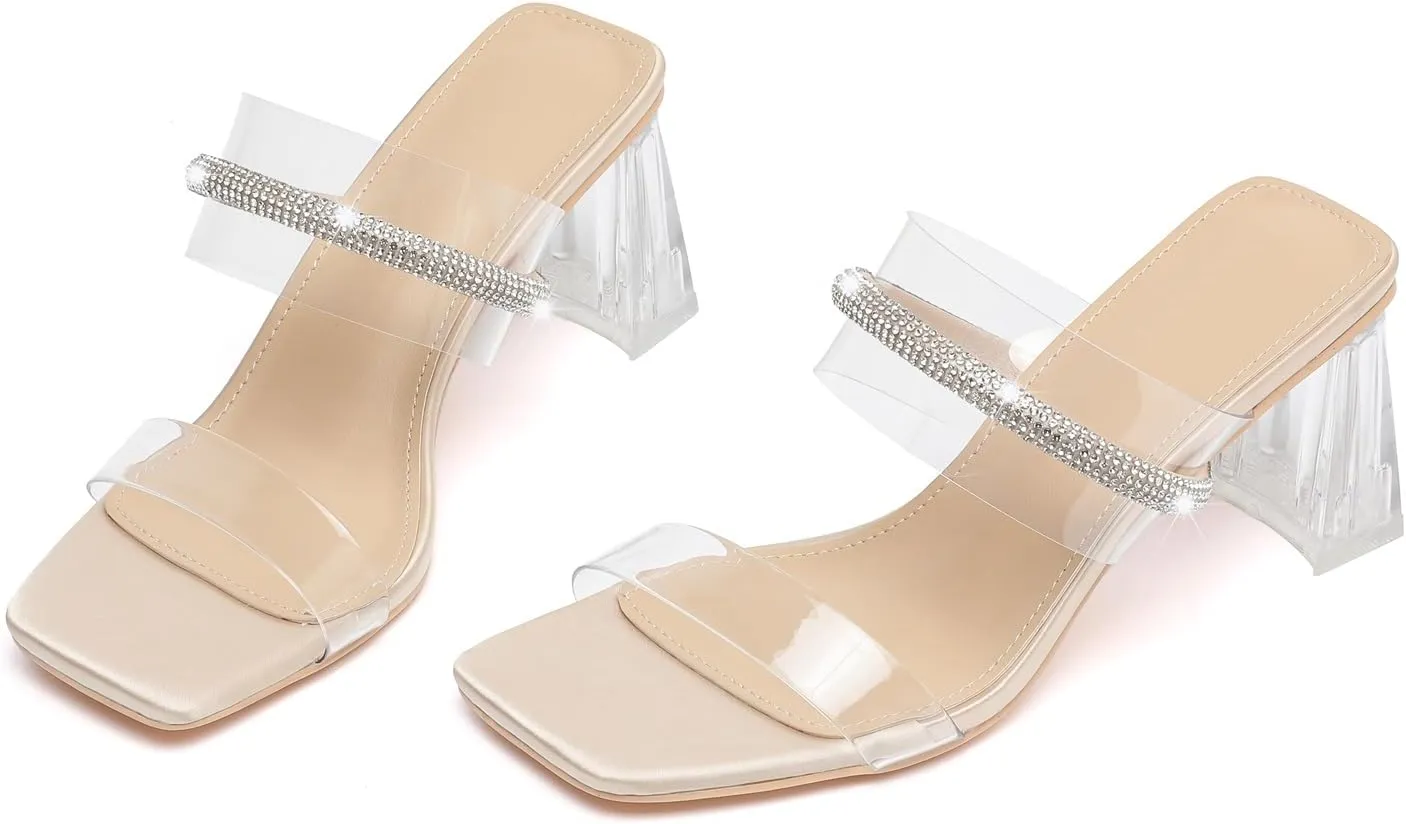kkdom Square Toe Chunky Clear Heels Sandals Transparent Two Sparkle Rhinestone Strap Mule Shoes Slip On Block Heels for Party Dating Daily Work