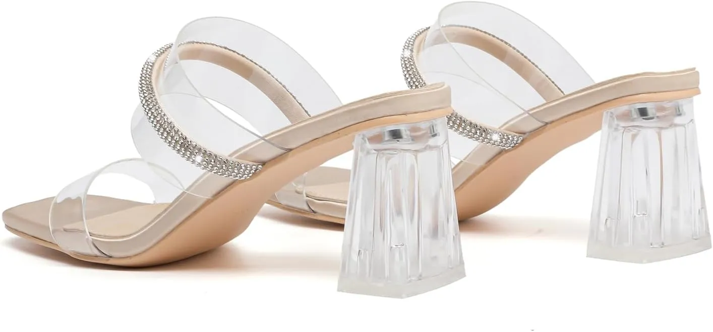 kkdom Square Toe Chunky Clear Heels Sandals Transparent Two Sparkle Rhinestone Strap Mule Shoes Slip On Block Heels for Party Dating Daily Work
