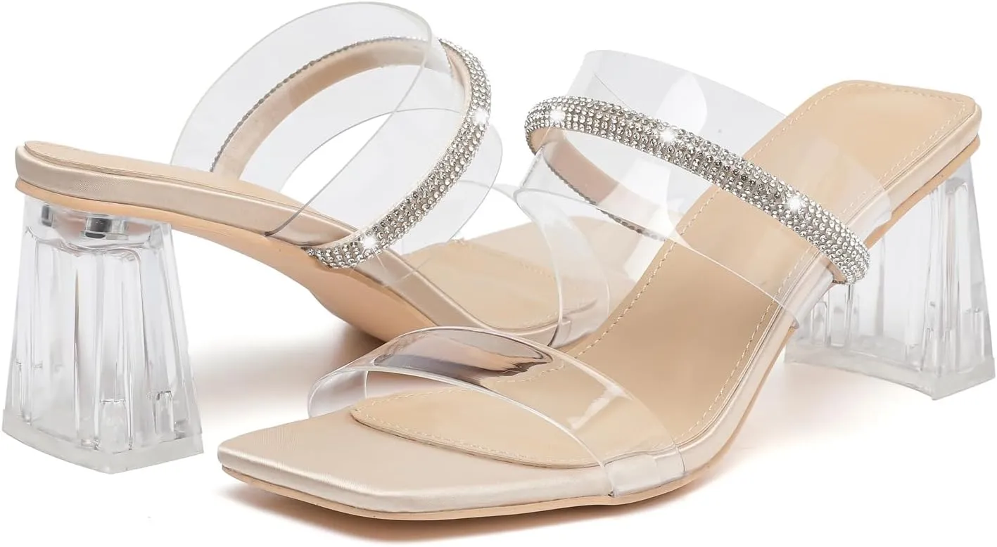 kkdom Square Toe Chunky Clear Heels Sandals Transparent Two Sparkle Rhinestone Strap Mule Shoes Slip On Block Heels for Party Dating Daily Work