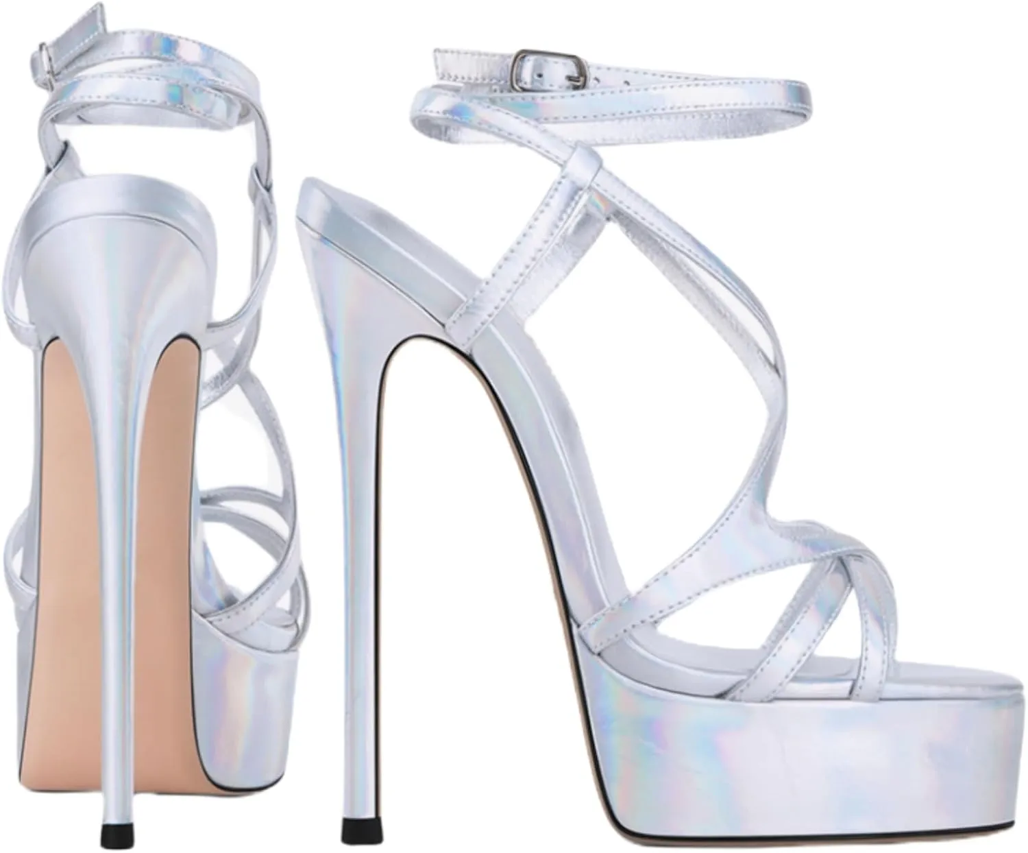 Kluolandi Open Toe Platform Heels for Women Strappy Ankle Strap High Heels Sandals Metallic Prom Stripper Shoes