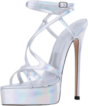Kluolandi Open Toe Platform Heels for Women Strappy Ankle Strap High Heels Sandals Metallic Prom Stripper Shoes