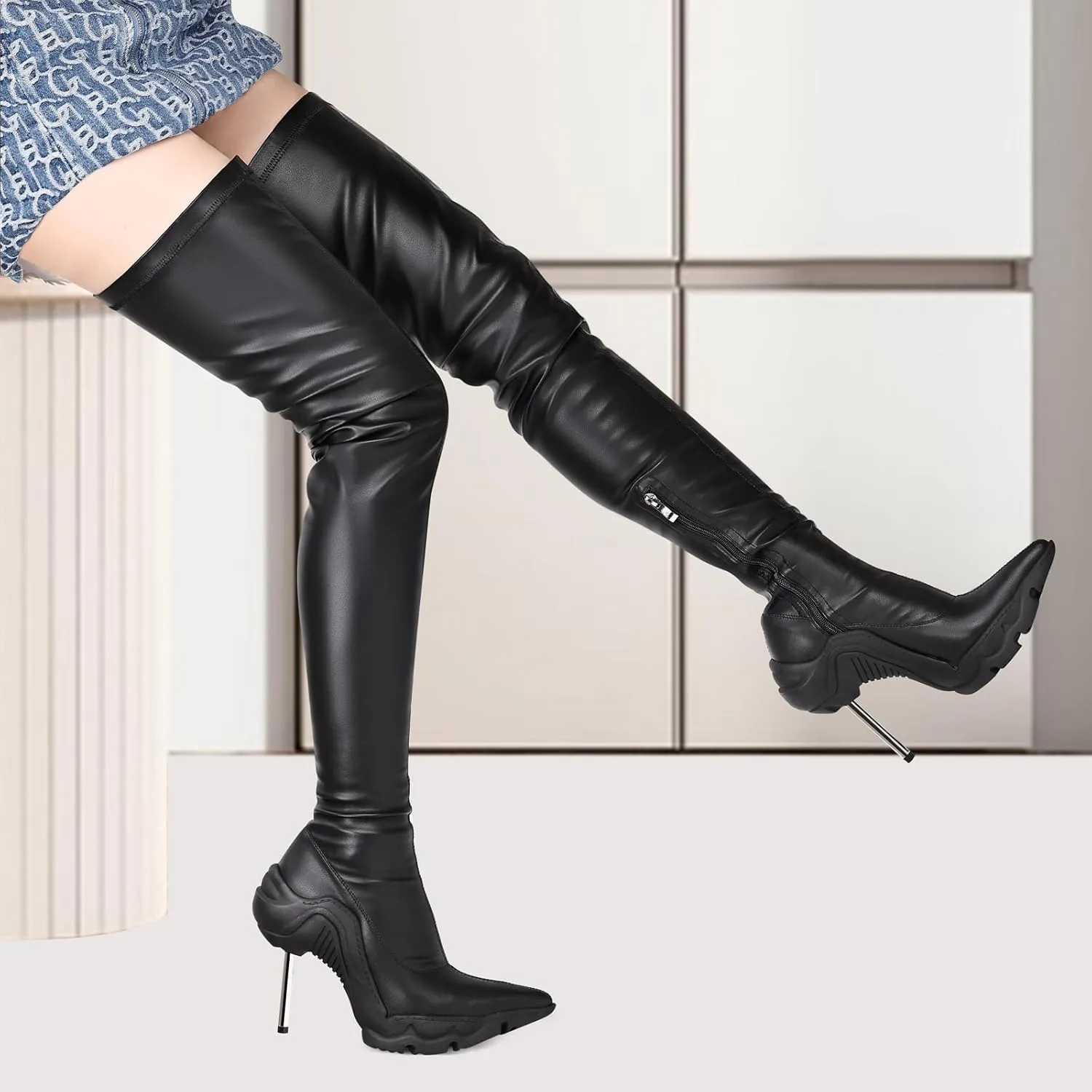 Knee High Boots Women Comfy Sexy Leather PU Pointy Toe Stiletto High Heel Thigh High Over the Knee Boots Long Boots for Women Fashion Dress Boots Side Zipper
