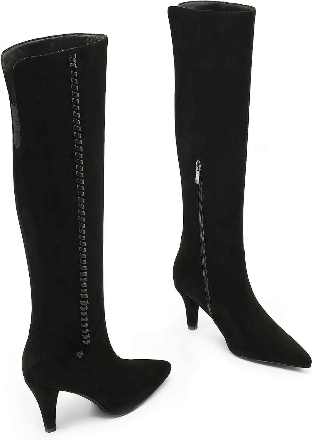 Knee High Boots Women Kitten Heel Suede Tall Boots for Women Pointed Toe Long Boots with Zip