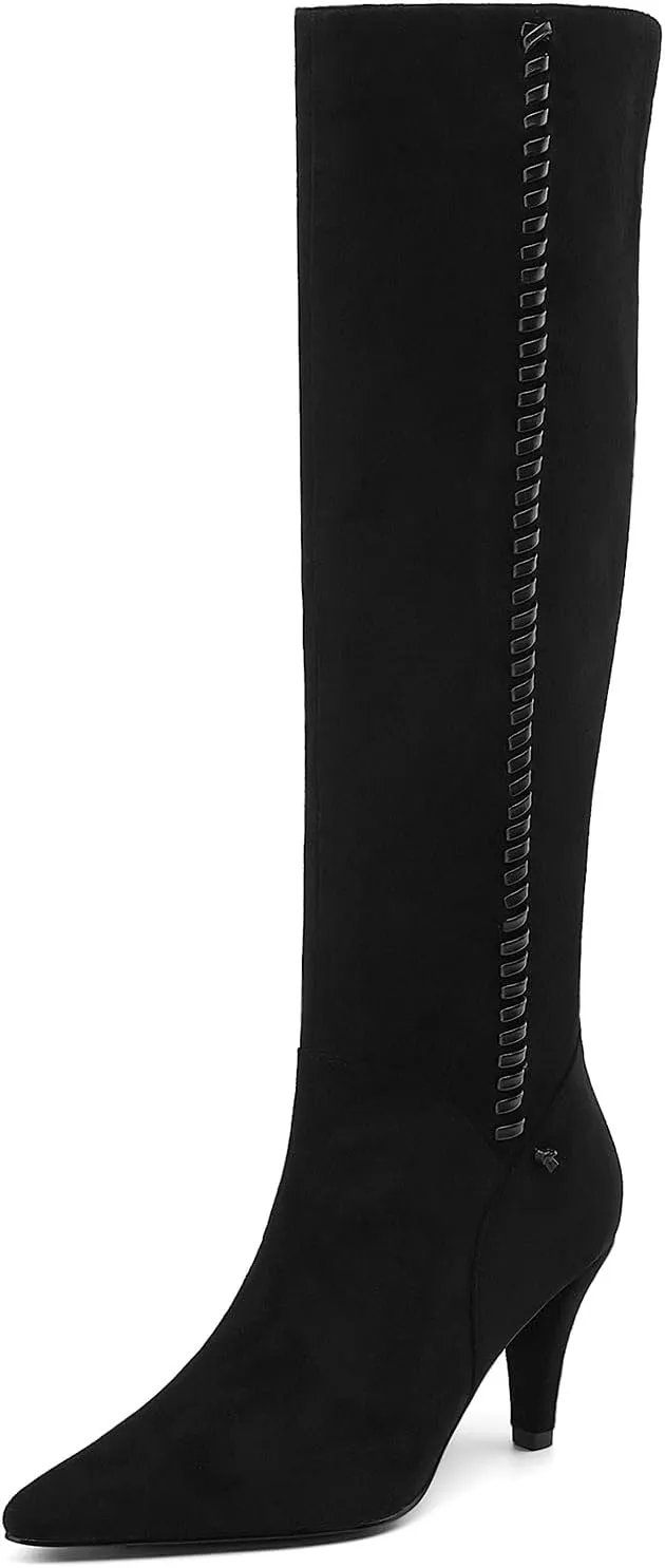 Knee High Boots Women Kitten Heel Suede Tall Boots for Women Pointed Toe Long Boots with Zip