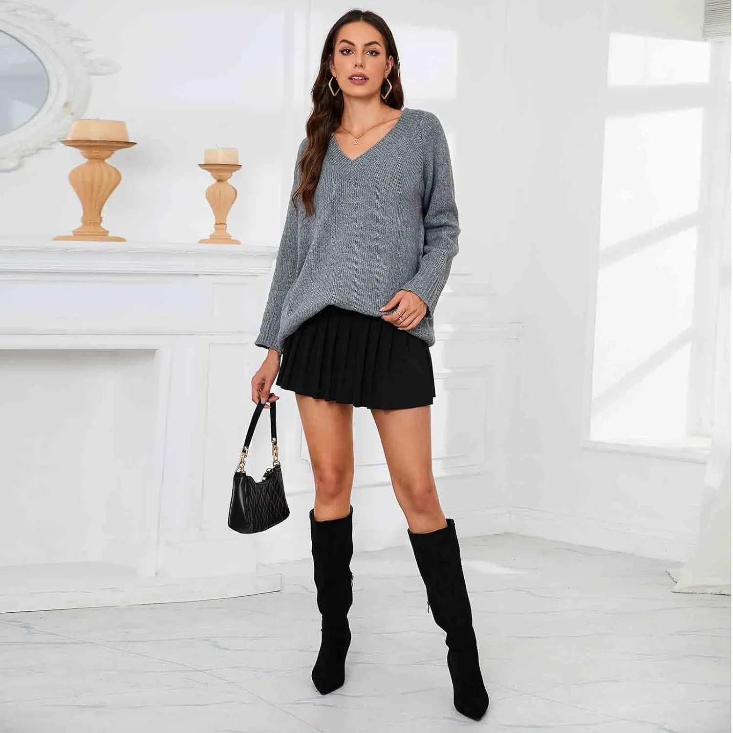 Knee High Boots Women Kitten Heel Suede Tall Boots for Women Pointed Toe Long Boots with Zip