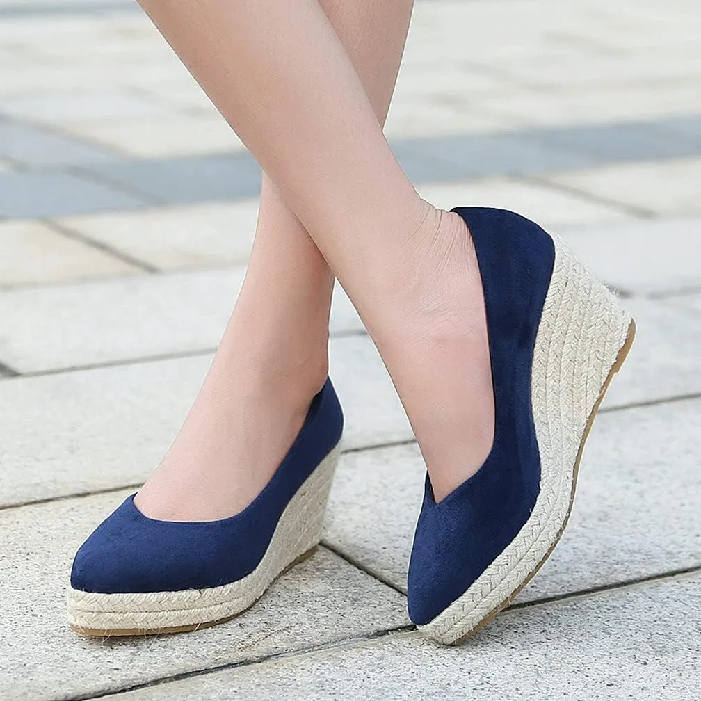 KOKOMOMO Womens Pointed Toe Espadrille Wedges Faux Suede Platform Pumps