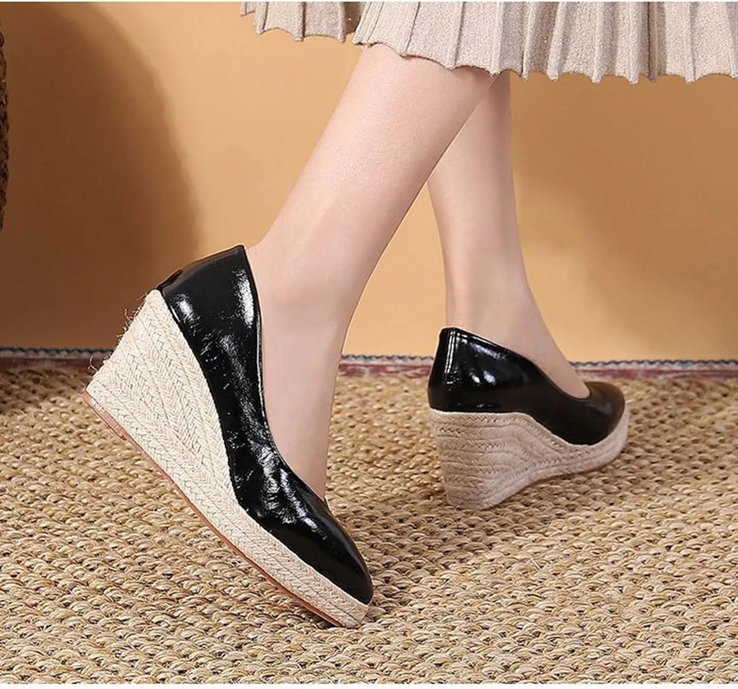 KOKOMOMO Womens Pointed Toe Espadrille Wedges Faux Suede Platform Pumps