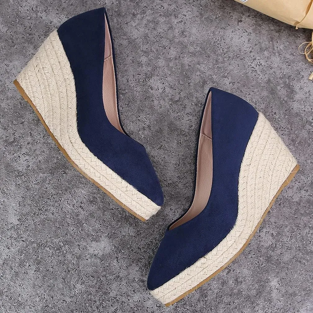 KOKOMOMO Womens Pointed Toe Espadrille Wedges Faux Suede Platform Pumps