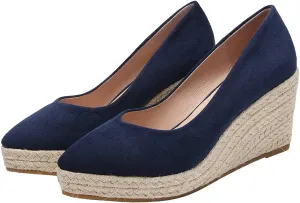 KOKOMOMO Womens Pointed Toe Espadrille Wedges Faux Suede Platform Pumps