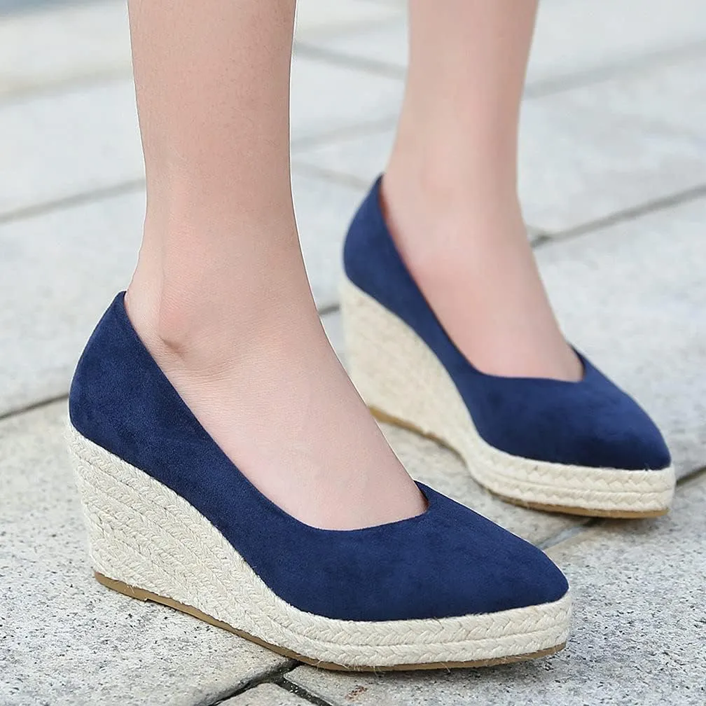 KOKOMOMO Womens Pointed Toe Espadrille Wedges Faux Suede Platform Pumps
