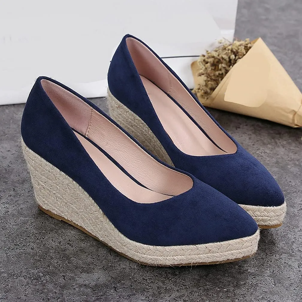KOKOMOMO Womens Pointed Toe Espadrille Wedges Faux Suede Platform Pumps