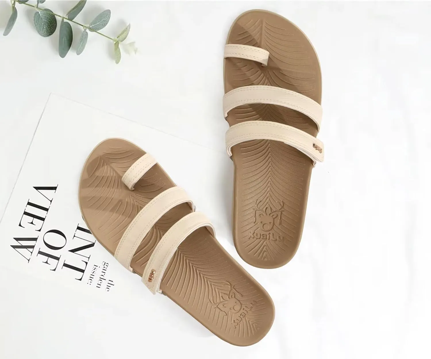 KuaiLu Womens Slides Sandals with Plantar Fasciitis Arch Support Fashion Comfort Adjustable Flat Sandals Ladies Lightweight Orthotic Slip on Sandals