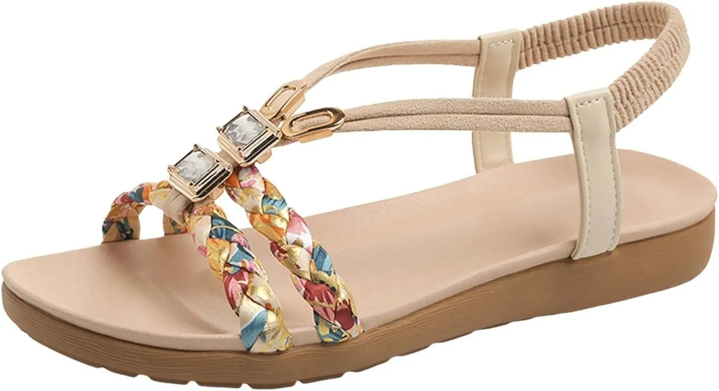 Kubbon Sandals for Women Casual Bohemian Beach Sandals Thong Flat Slippers Sandal Comfortable Elastic Ankle Strap Beach Shoes Open Toe Slides