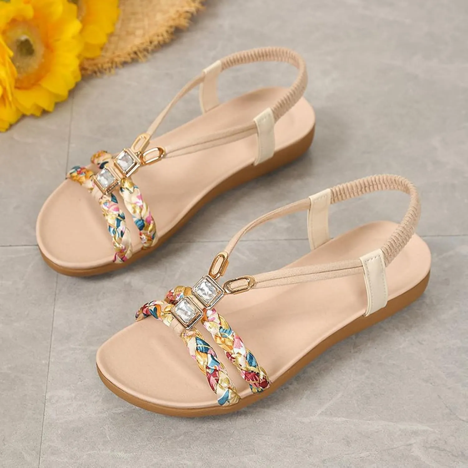 Kubbon Sandals for Women Casual Bohemian Beach Sandals Thong Flat Slippers Sandal Comfortable Elastic Ankle Strap Beach Shoes Open Toe Slides
