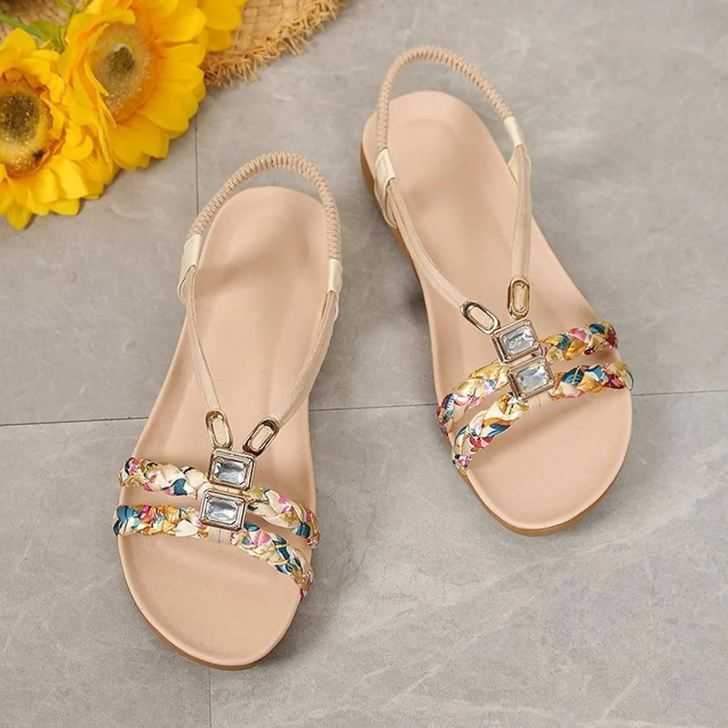 Kubbon Sandals for Women Casual Bohemian Beach Sandals Thong Flat Slippers Sandal Comfortable Elastic Ankle Strap Beach Shoes Open Toe Slides