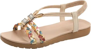 Kubbon Sandals for Women Casual Bohemian Beach Sandals Thong Flat Slippers Sandal Comfortable Elastic Ankle Strap Beach Shoes Open Toe Slides