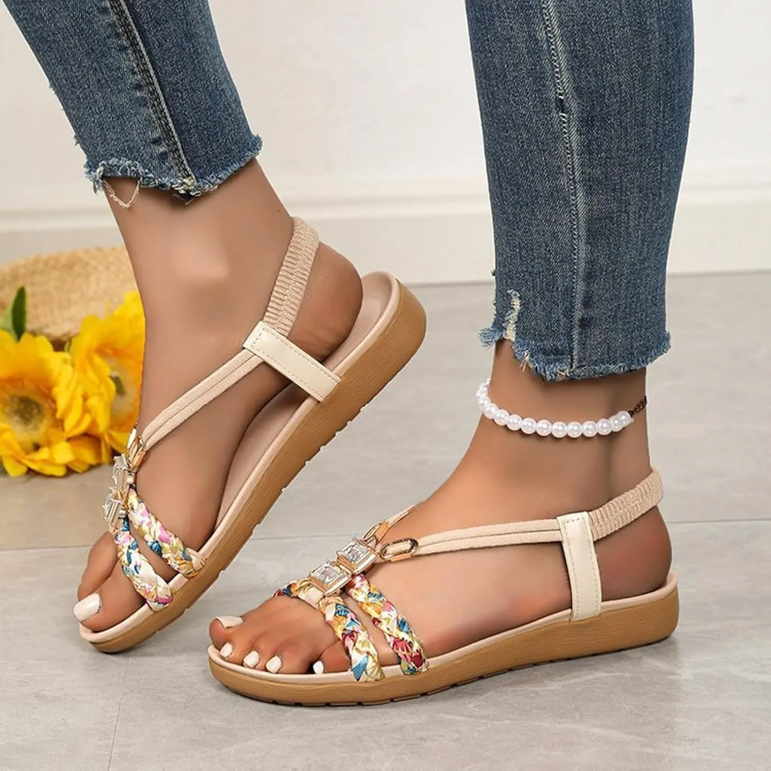 Kubbon Sandals for Women Casual Bohemian Beach Sandals Thong Flat Slippers Sandal Comfortable Elastic Ankle Strap Beach Shoes Open Toe Slides