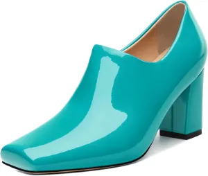 KUOARN Chunky Heels for Women Block High Heel Patent Square Toe 3 Inch Pumps Shoes Side Zipper Casual Fashion Work Party Mules