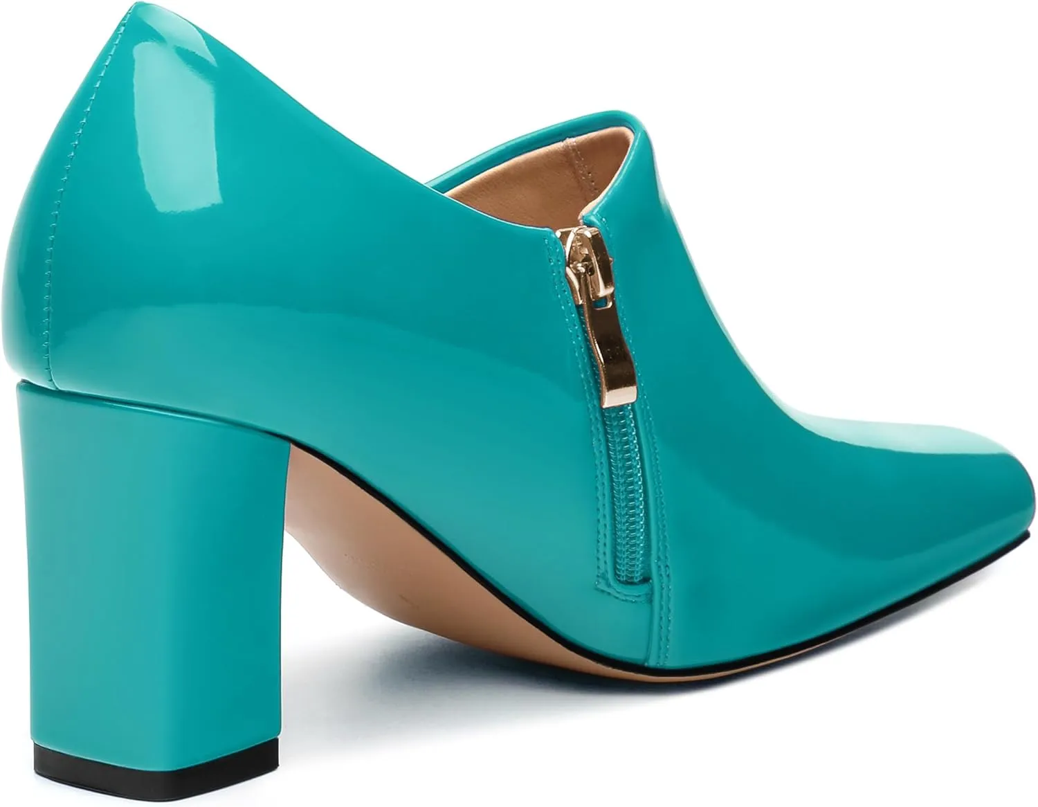 KUOARN Chunky Heels for Women Block High Heel Patent Square Toe 3 Inch Pumps Shoes Side Zipper Casual Fashion Work Party Mules