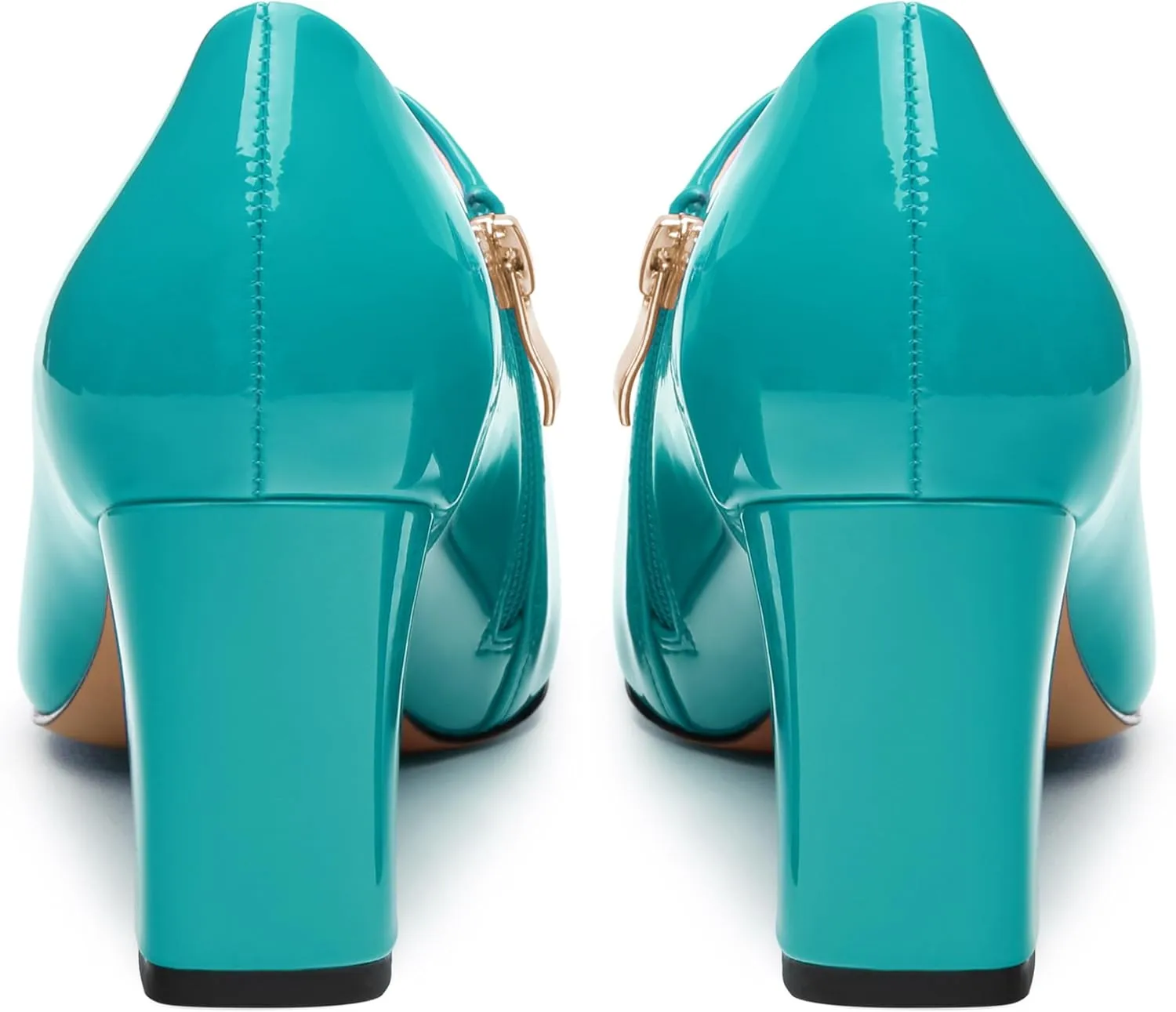 KUOARN Chunky Heels for Women Block High Heel Patent Square Toe 3 Inch Pumps Shoes Side Zipper Casual Fashion Work Party Mules
