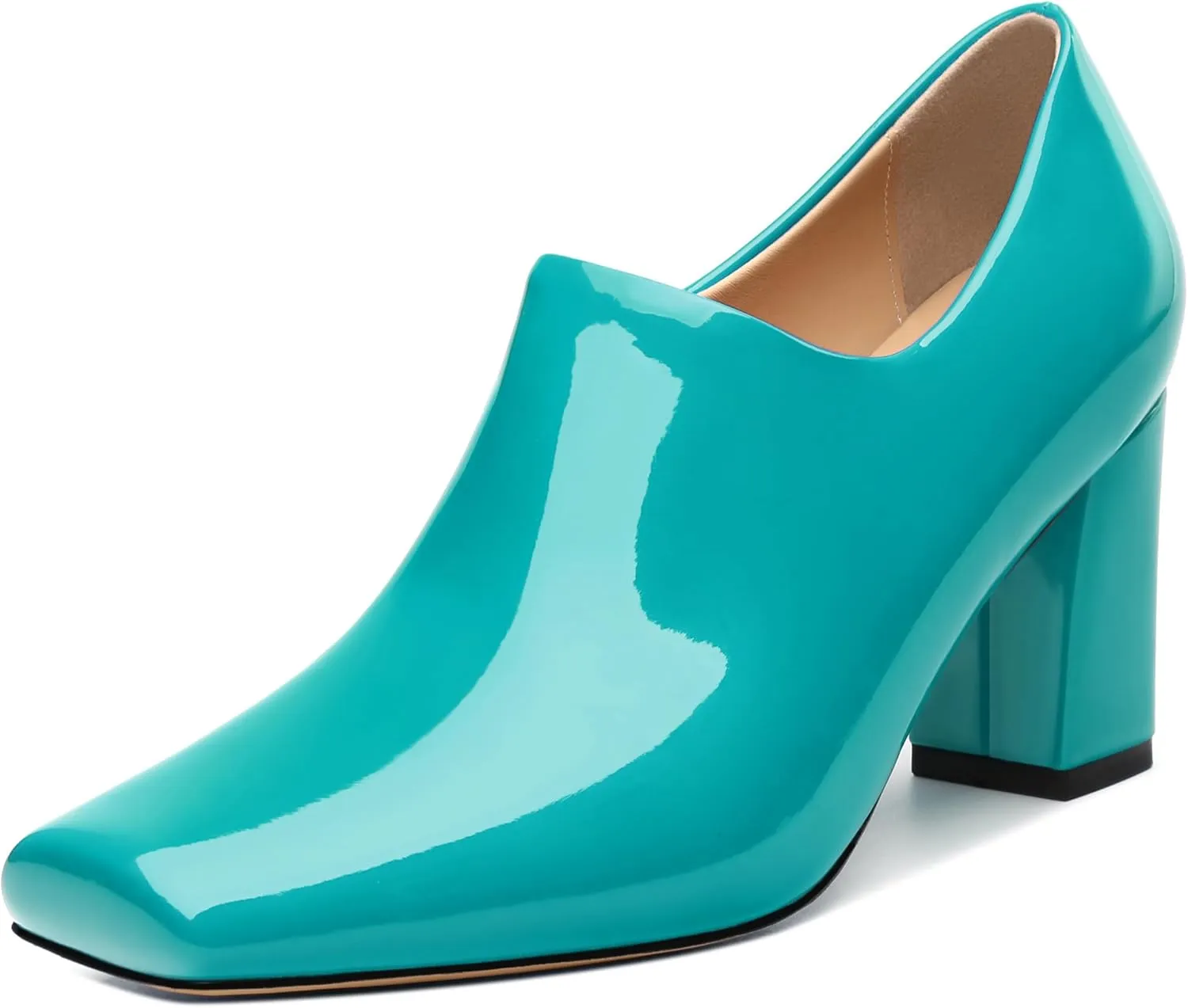 KUOARN Chunky Heels for Women Block High Heel Patent Square Toe 3 Inch Pumps Shoes Side Zipper Casual Fashion Work Party Mules