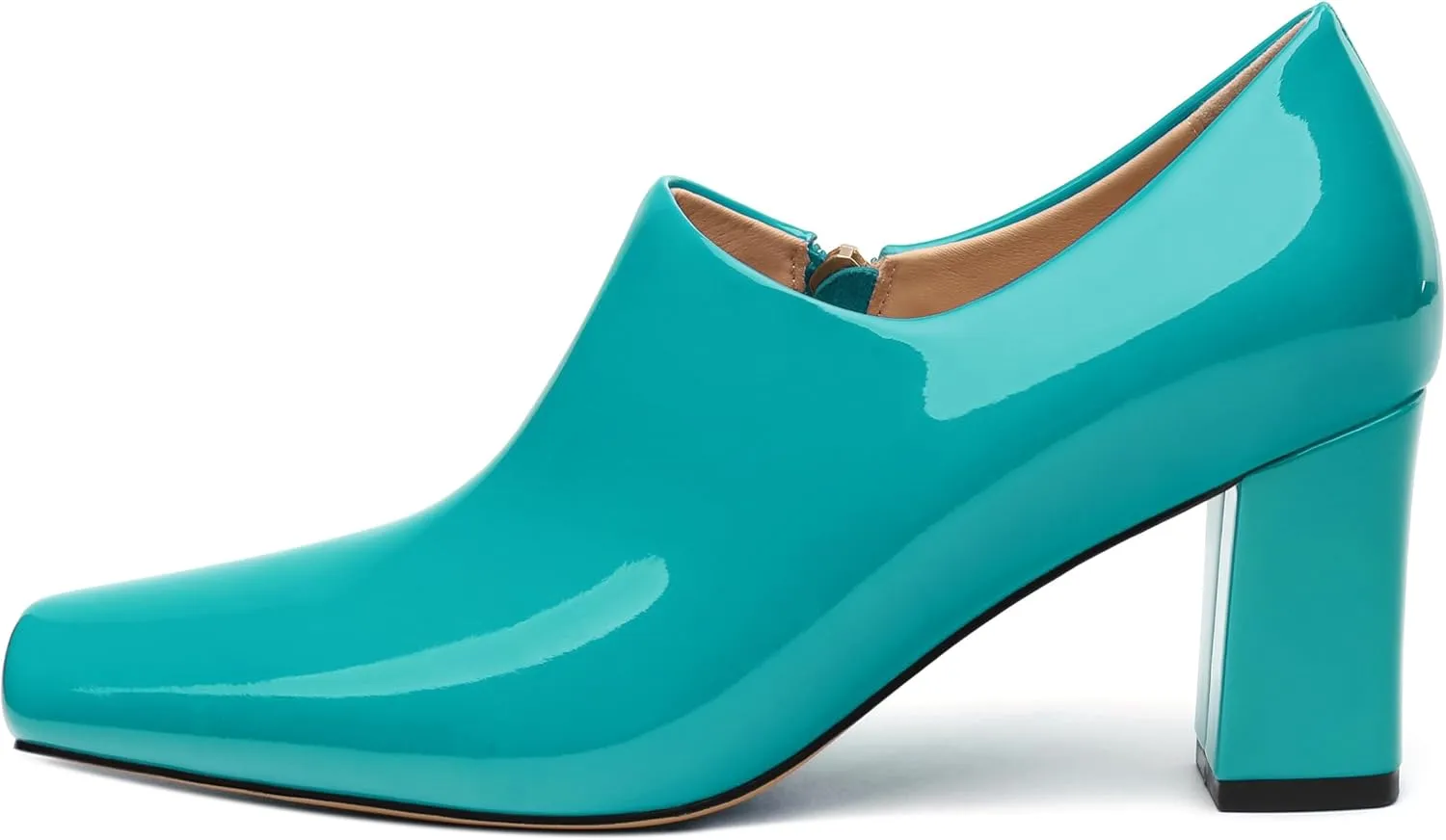 KUOARN Chunky Heels for Women Block High Heel Patent Square Toe 3 Inch Pumps Shoes Side Zipper Casual Fashion Work Party Mules