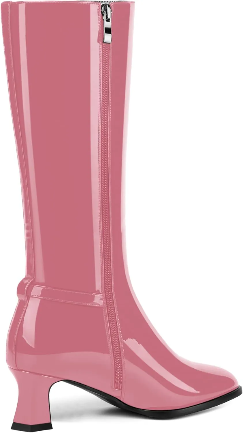 KUOARN Womens Solid Dress Round Toe Patent Dating Slim Zip Kitten Low Heel Mid Calf Boots 2 Inch