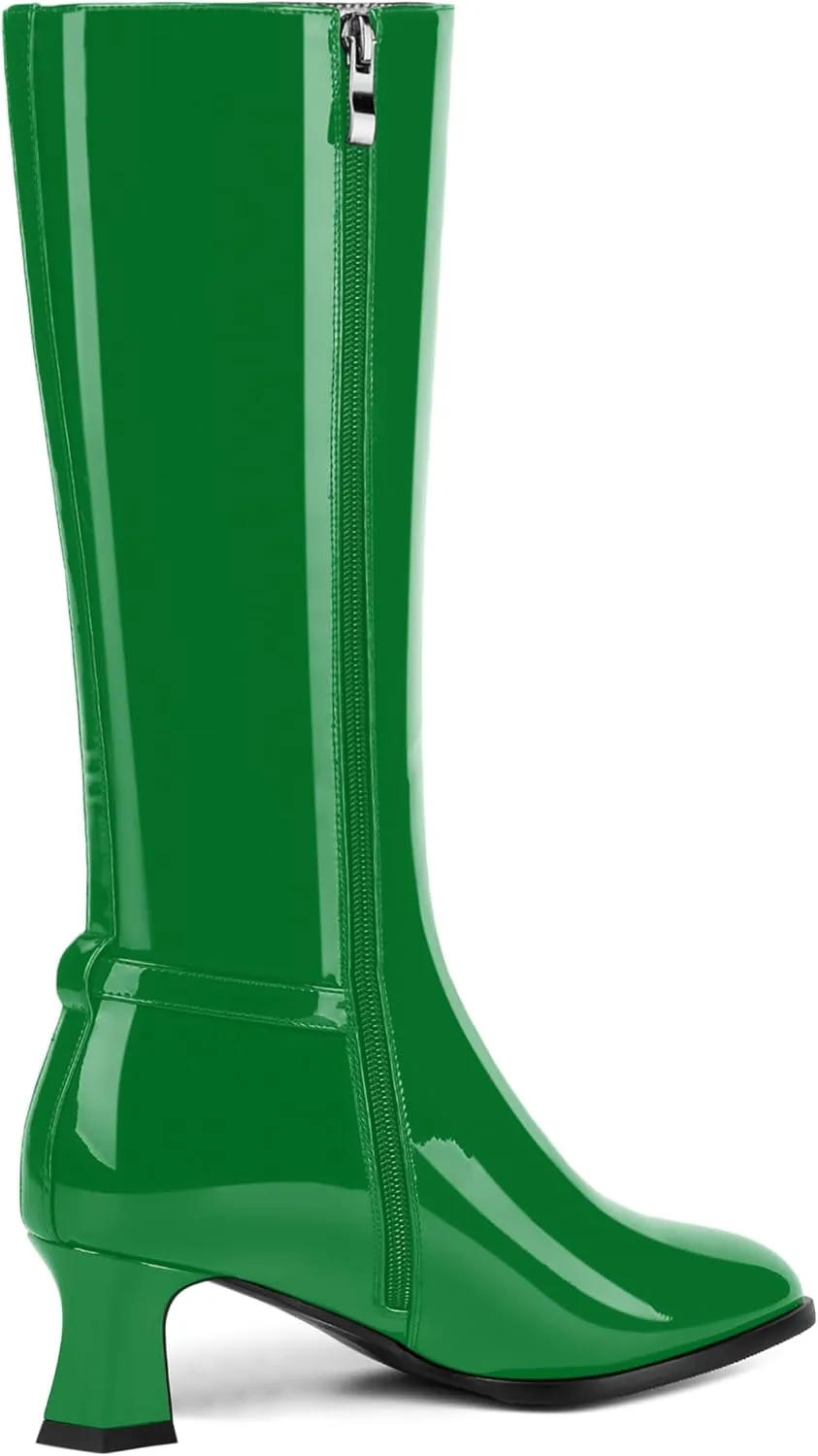 KUOARN Womens Solid Dress Round Toe Patent Dating Slim Zip Kitten Low Heel Mid Calf Boots 2 Inch