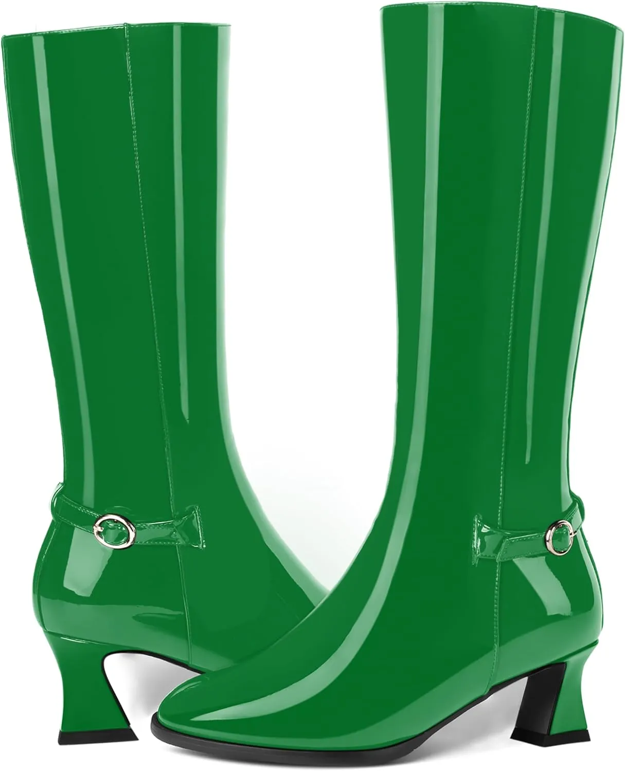 KUOARN Womens Solid Dress Round Toe Patent Dating Slim Zip Kitten Low Heel Mid Calf Boots 2 Inch