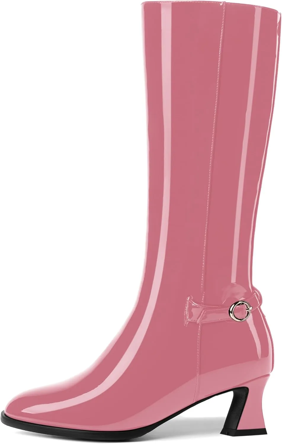KUOARN Womens Solid Dress Round Toe Patent Dating Slim Zip Kitten Low Heel Mid Calf Boots 2 Inch
