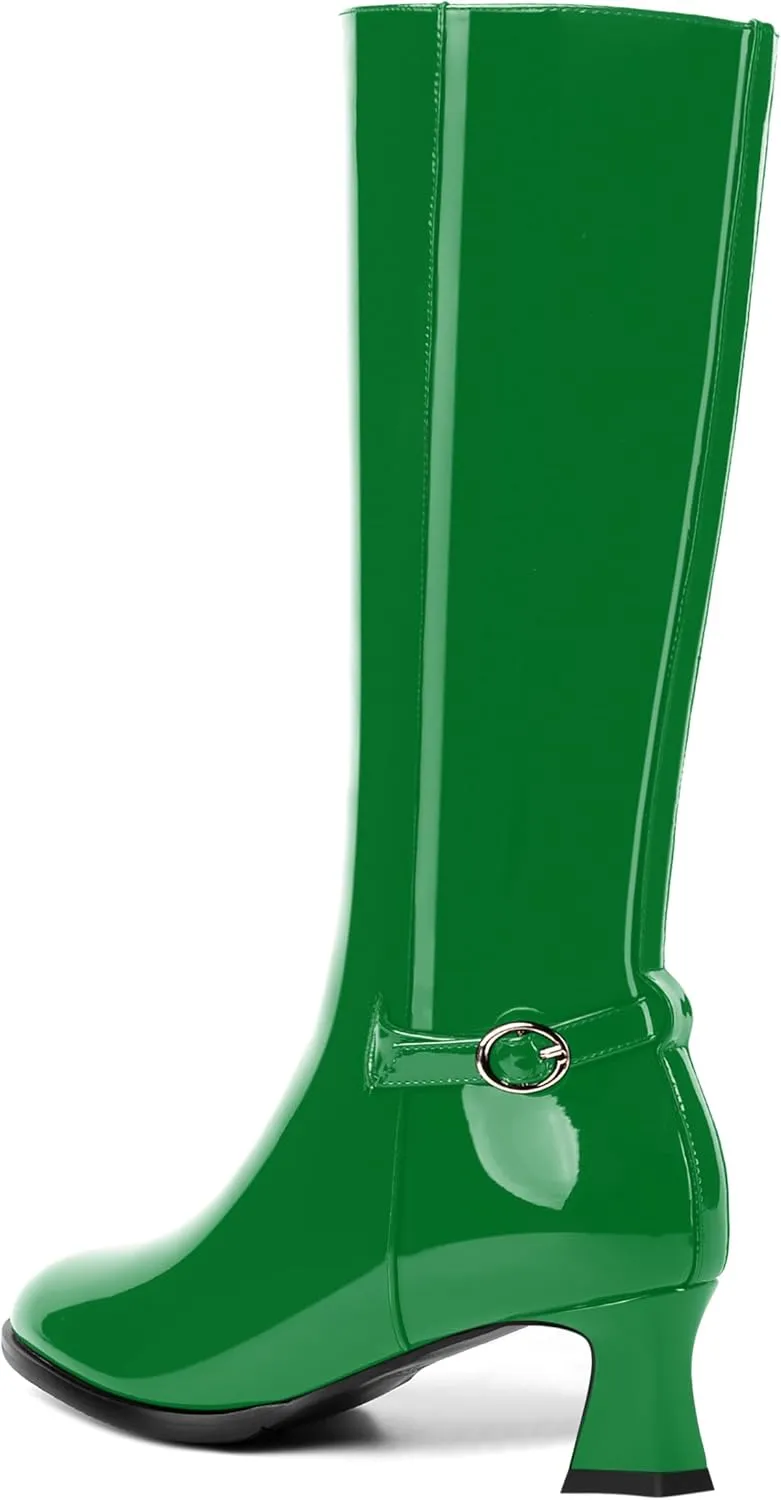 KUOARN Womens Solid Dress Round Toe Patent Dating Slim Zip Kitten Low Heel Mid Calf Boots 2 Inch