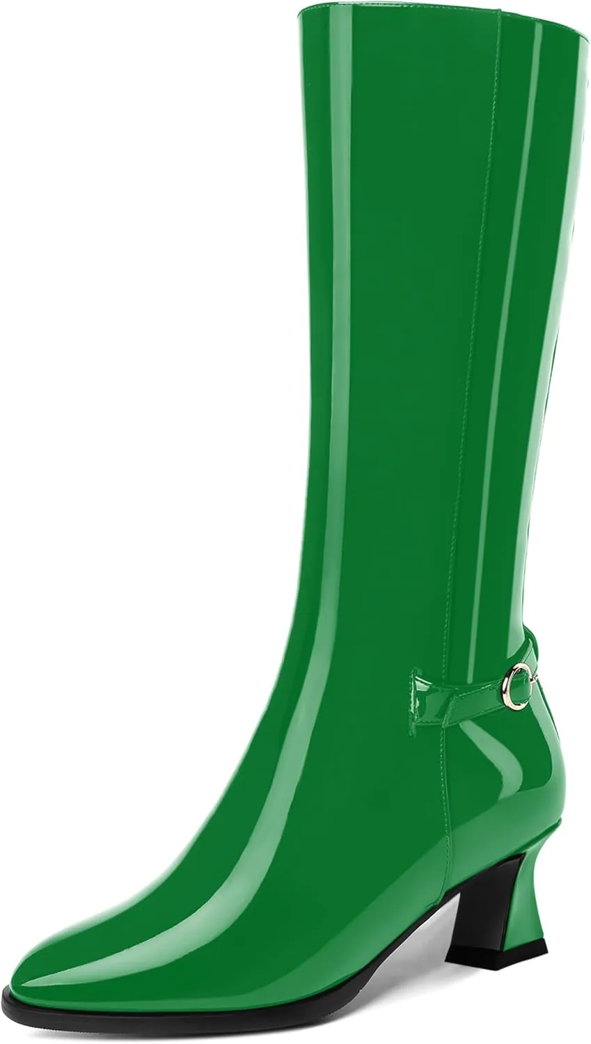 KUOARN Womens Solid Dress Round Toe Patent Dating Slim Zip Kitten Low Heel Mid Calf Boots 2 Inch