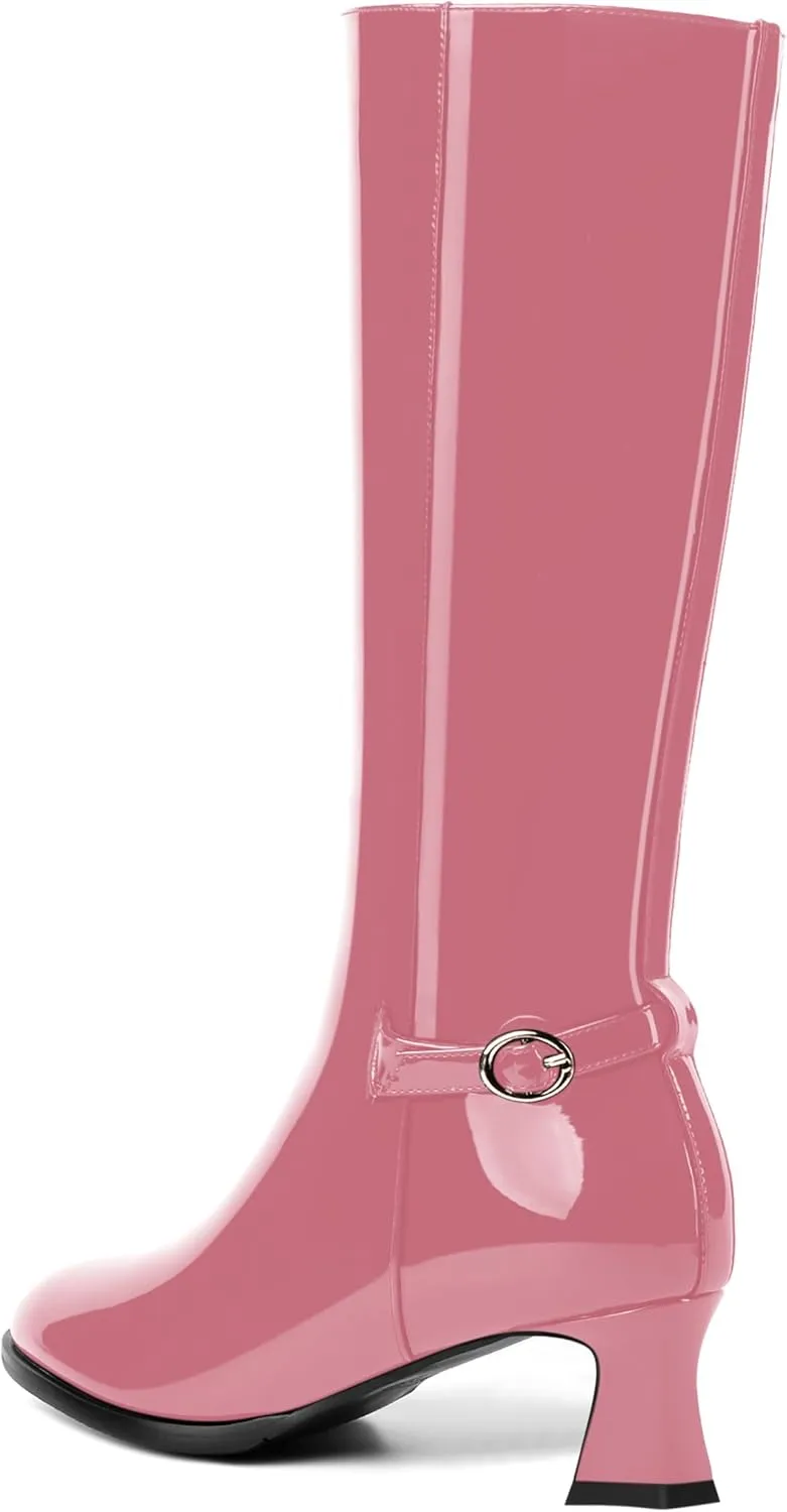 KUOARN Womens Solid Dress Round Toe Patent Dating Slim Zip Kitten Low Heel Mid Calf Boots 2 Inch