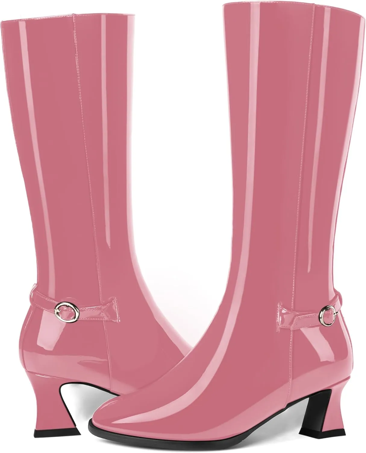 KUOARN Womens Solid Dress Round Toe Patent Dating Slim Zip Kitten Low Heel Mid Calf Boots 2 Inch