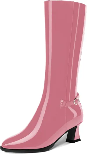 KUOARN Womens Solid Dress Round Toe Patent Dating Slim Zip Kitten Low Heel Mid Calf Boots 2 Inch