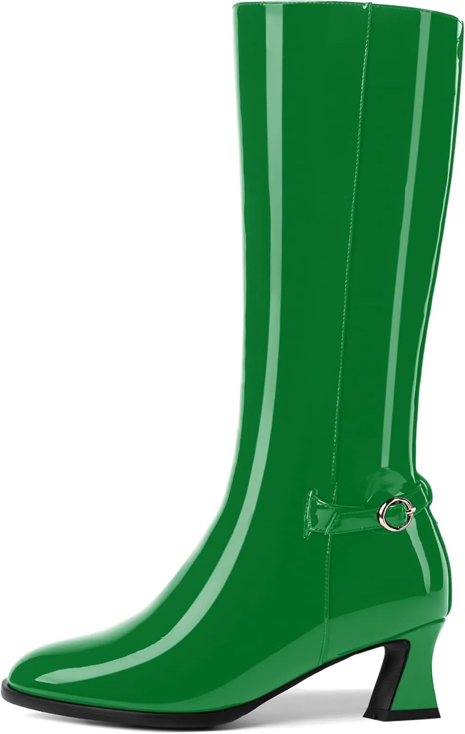 KUOARN Womens Solid Dress Round Toe Patent Dating Slim Zip Kitten Low Heel Mid Calf Boots 2 Inch