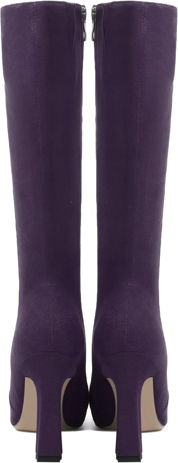 KUOARN Womens Solid Suede Evening Pointed Toe Dress Zip Block High Heel Knee High Boots 4 Inch