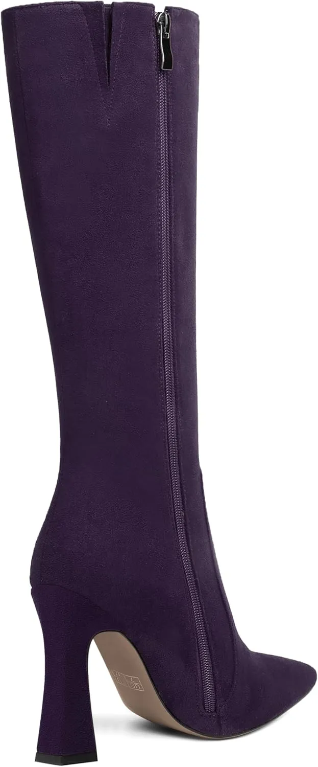 KUOARN Womens Solid Suede Evening Pointed Toe Dress Zip Block High Heel Knee High Boots 4 Inch