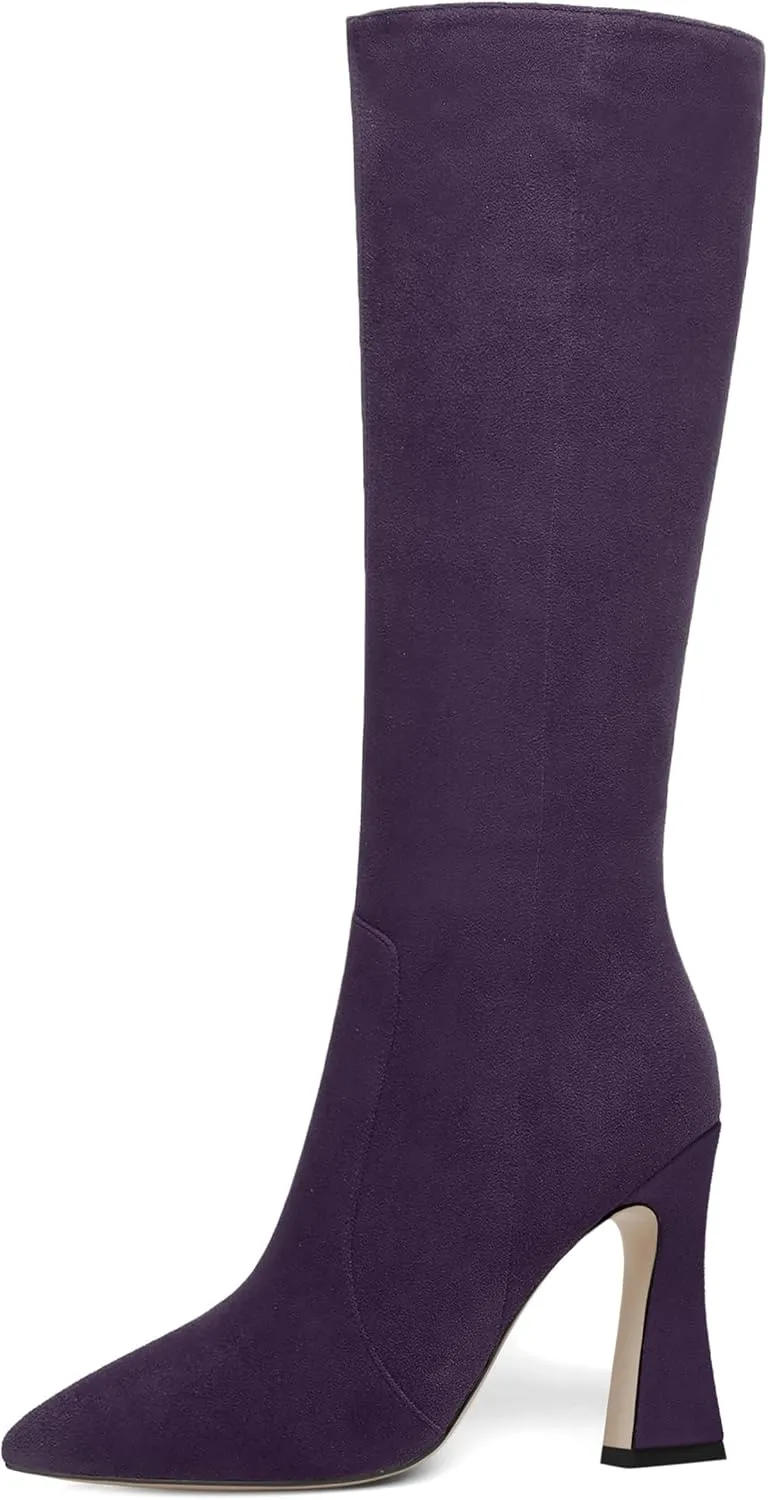 KUOARN Womens Solid Suede Evening Pointed Toe Dress Zip Block High Heel Knee High Boots 4 Inch