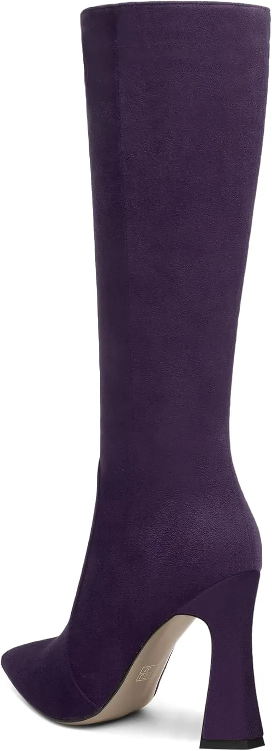 KUOARN Womens Solid Suede Evening Pointed Toe Dress Zip Block High Heel Knee High Boots 4 Inch