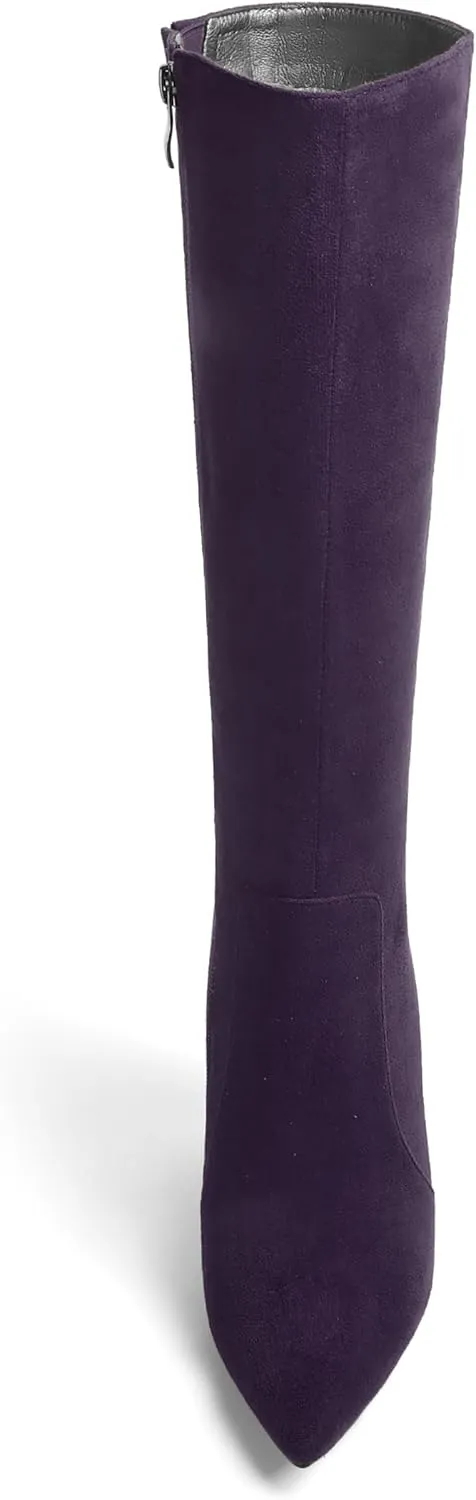 KUOARN Womens Solid Suede Evening Pointed Toe Dress Zip Block High Heel Knee High Boots 4 Inch